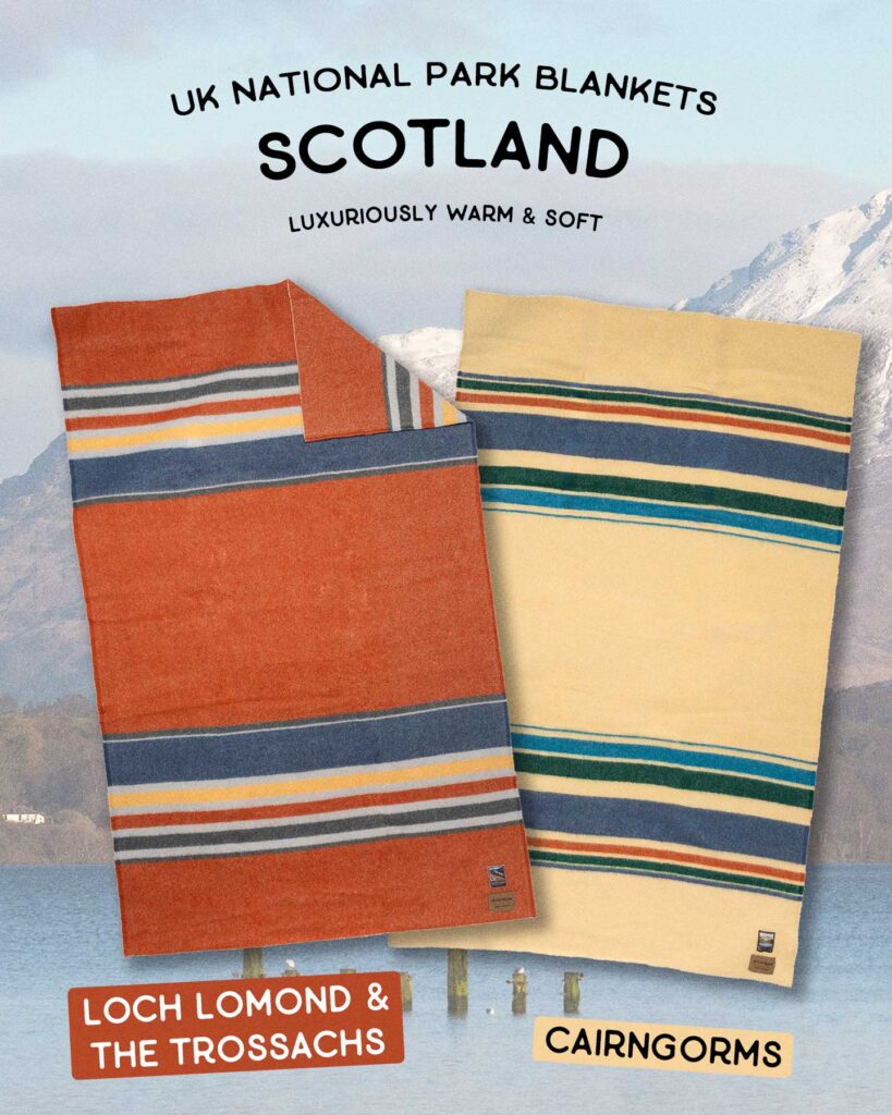 Two wool blankets—Loch Lomond (rust) & Cairngorms (yellow)—warm, soft, Scottish-inspired.