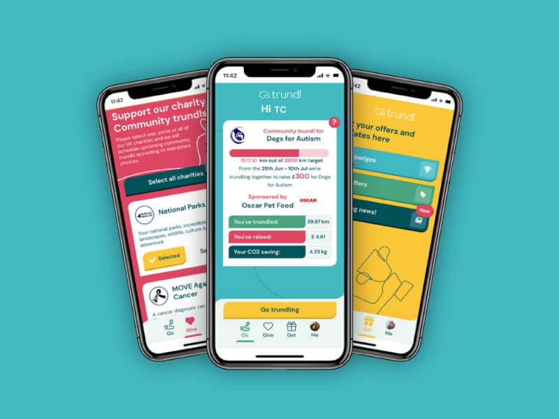 Three phones show Trundl app: parks, donations, offers; focus on community and environmental impact.