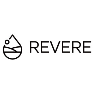 Black and white logo: “REVERE” in bold caps beside a water droplet with mountain and sun inside.