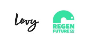 Levy black cursive logo left; Regen Future Co. green chameleon logo right, both on white background.