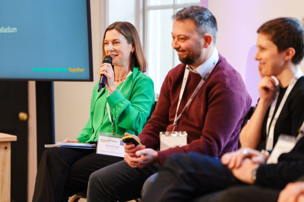 Woman in green blouse speaks into mic on a panel with three others at an indoor event; screen behind.